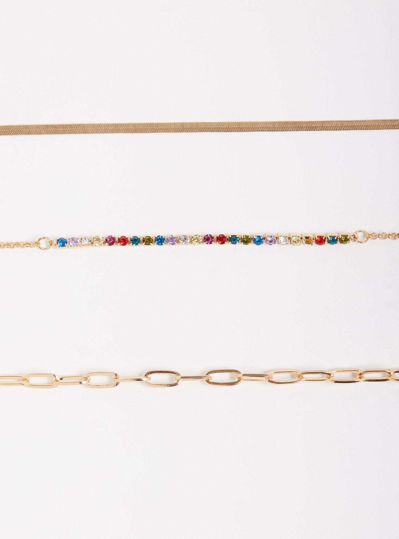 Plus Size Multi Color Gem & Link Ankle Set of 3 - Gold Tone, , alternate