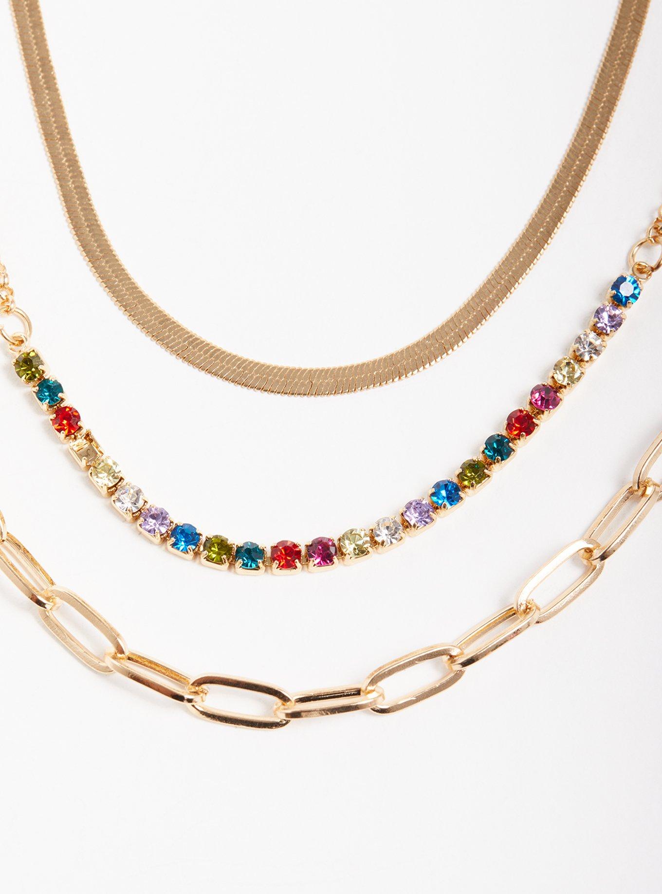 Plus Size Multi Color Gem & Link Ankle Set of 3 - Gold Tone, , alternate