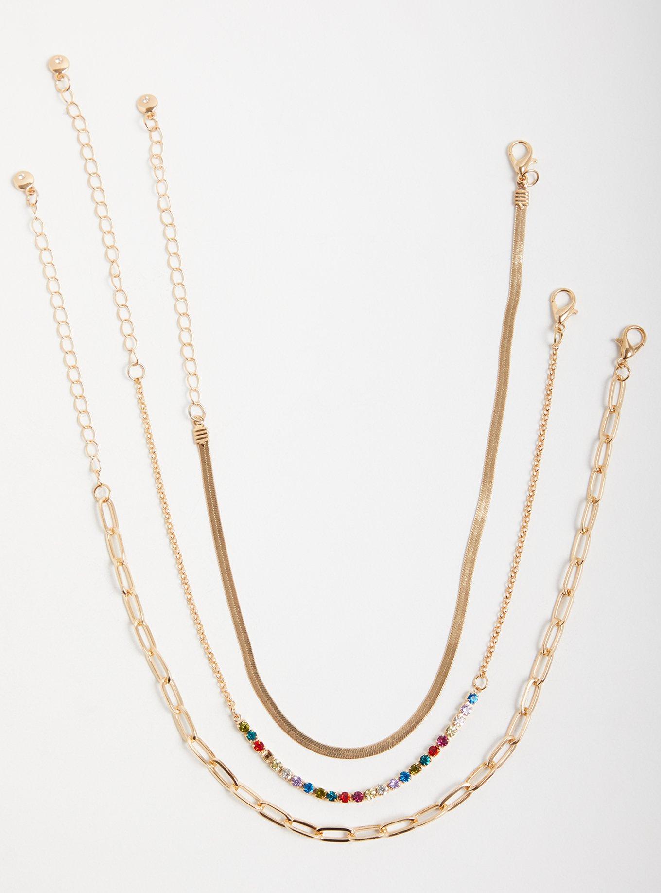 Plus Size Multi Color Gem & Link Ankle Set of 3 - Gold Tone, , hi-res