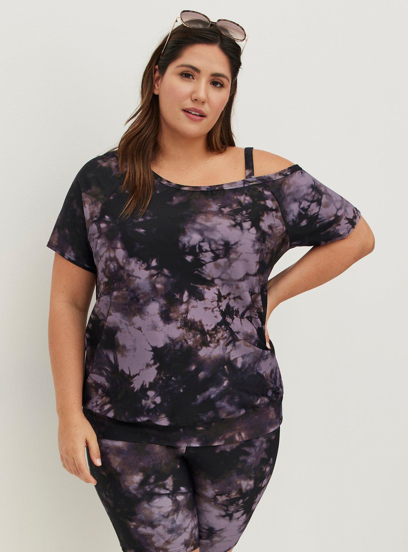 Plus Size Wireless Unlined Off-Shoulder Swim Shirt, OCEAN TIE DYE BLACK, alternate