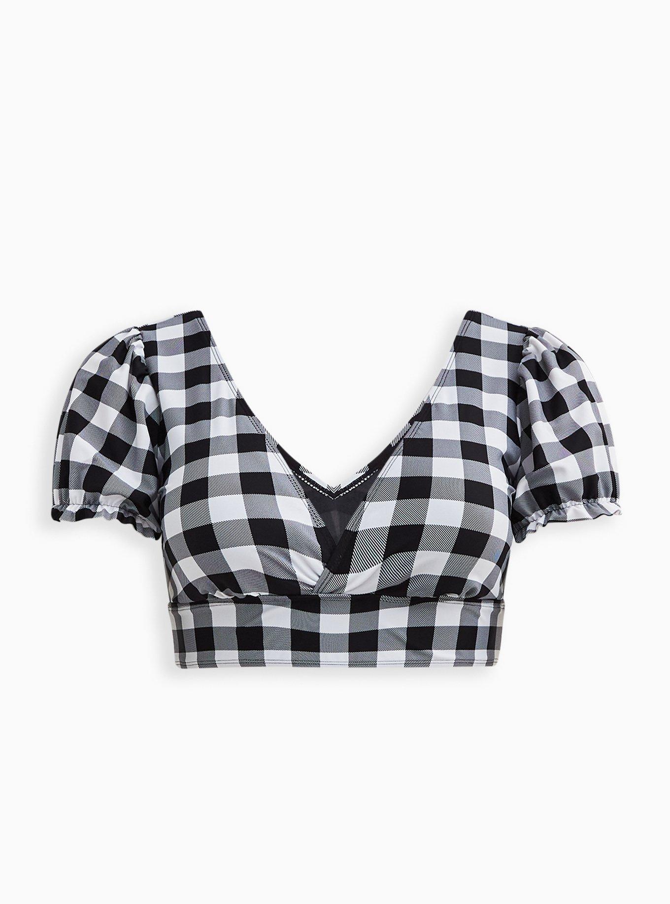 Plus Size Puff Sleeve Retro Chic Bikini Top - Gingham, , hi-res