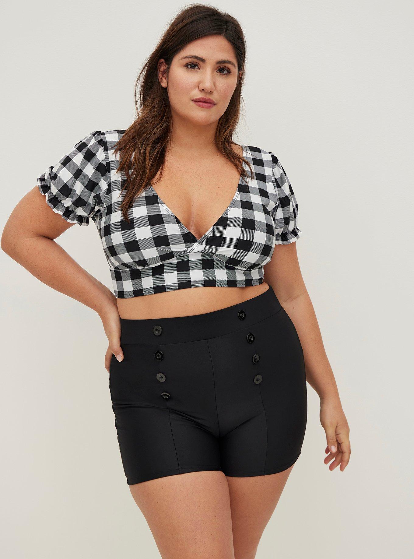 Plus Size Puff Sleeve Retro Chic Bikini Top - Gingham, , hi-res