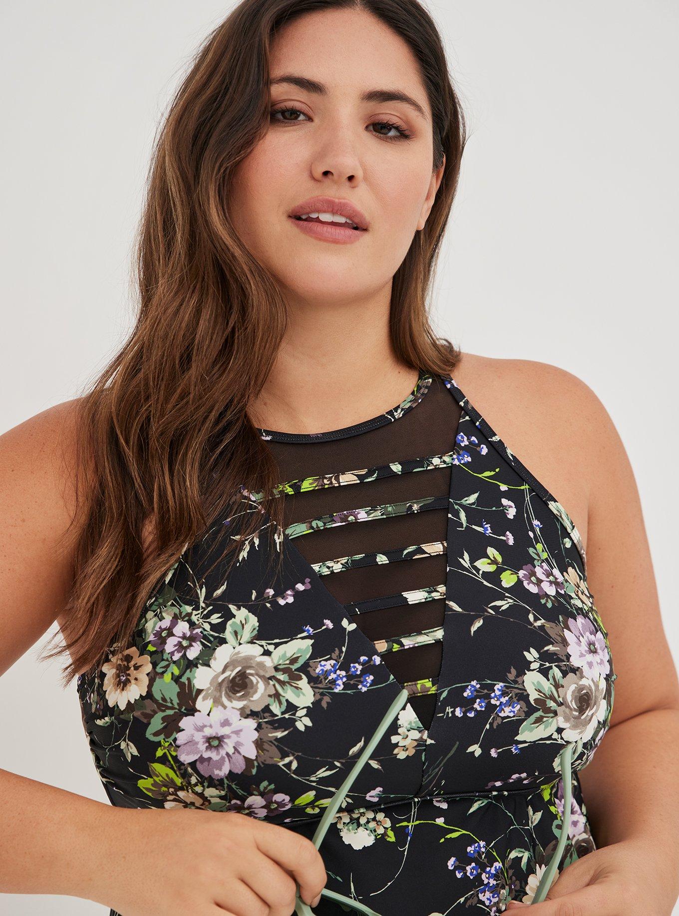 Plus Size Strappy High Neck Swim Tankini - Floral Green , SINCERE FLORAL, alternate