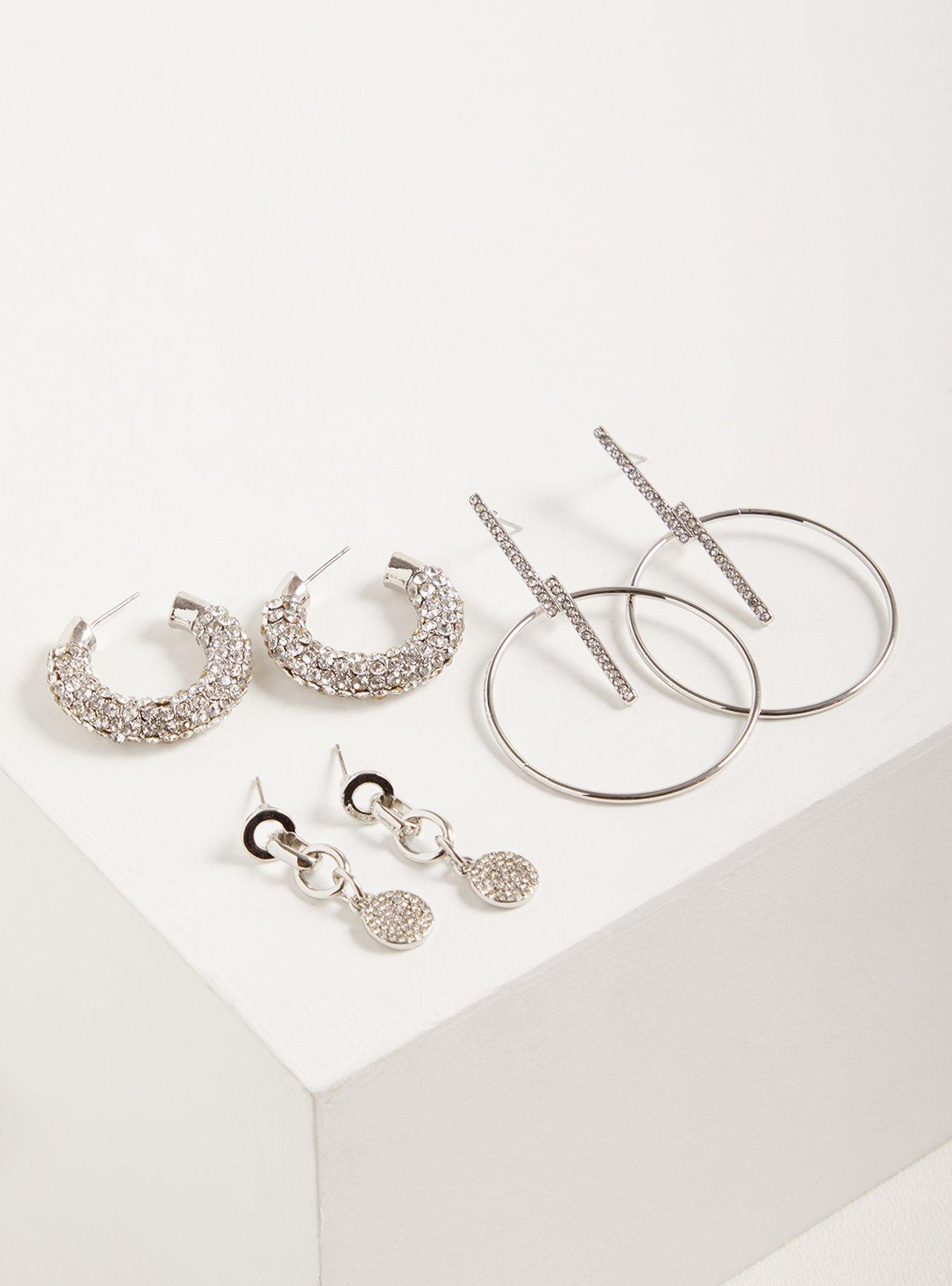 Plus Size Hoop & Rhinestone Statement Earring Set of 3 - Silver Tone , , hi-res