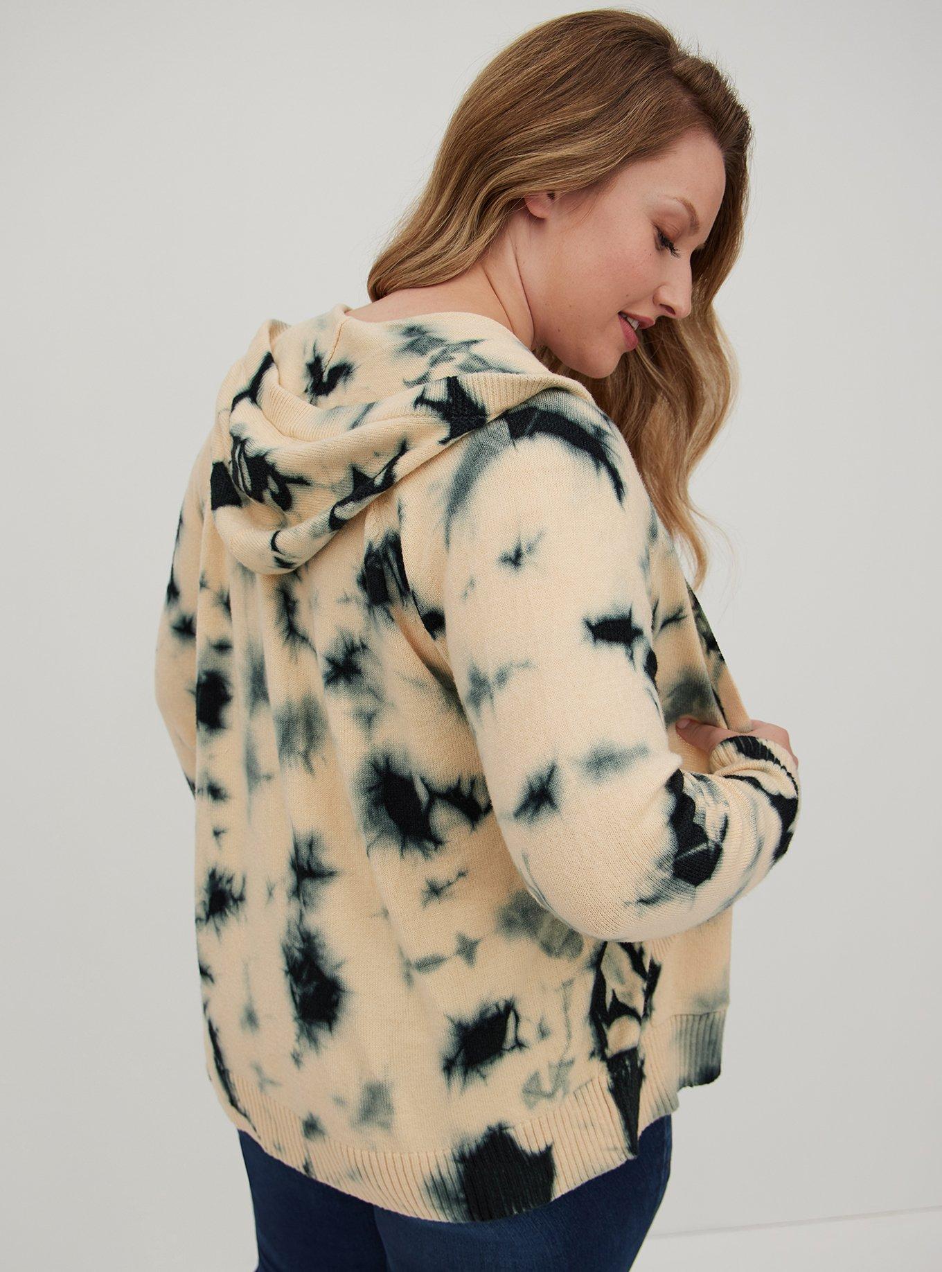 Plus Size Everyday Plush Cardigan Hooded Raglan Sweater, TIE DYE, alternate