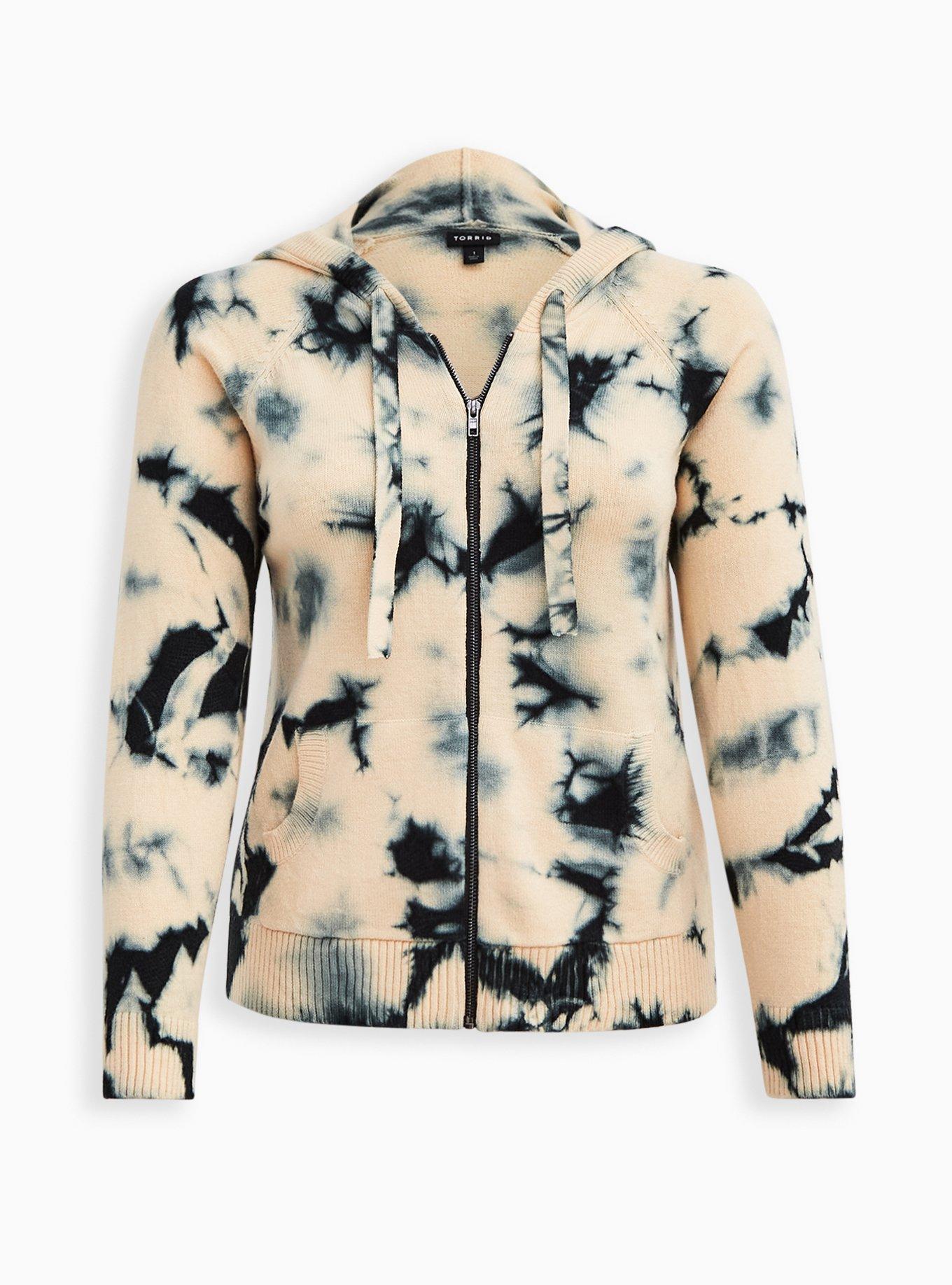 Plus Size Everyday Plush Cardigan Hooded Raglan Sweater, TIE DYE, hi-res