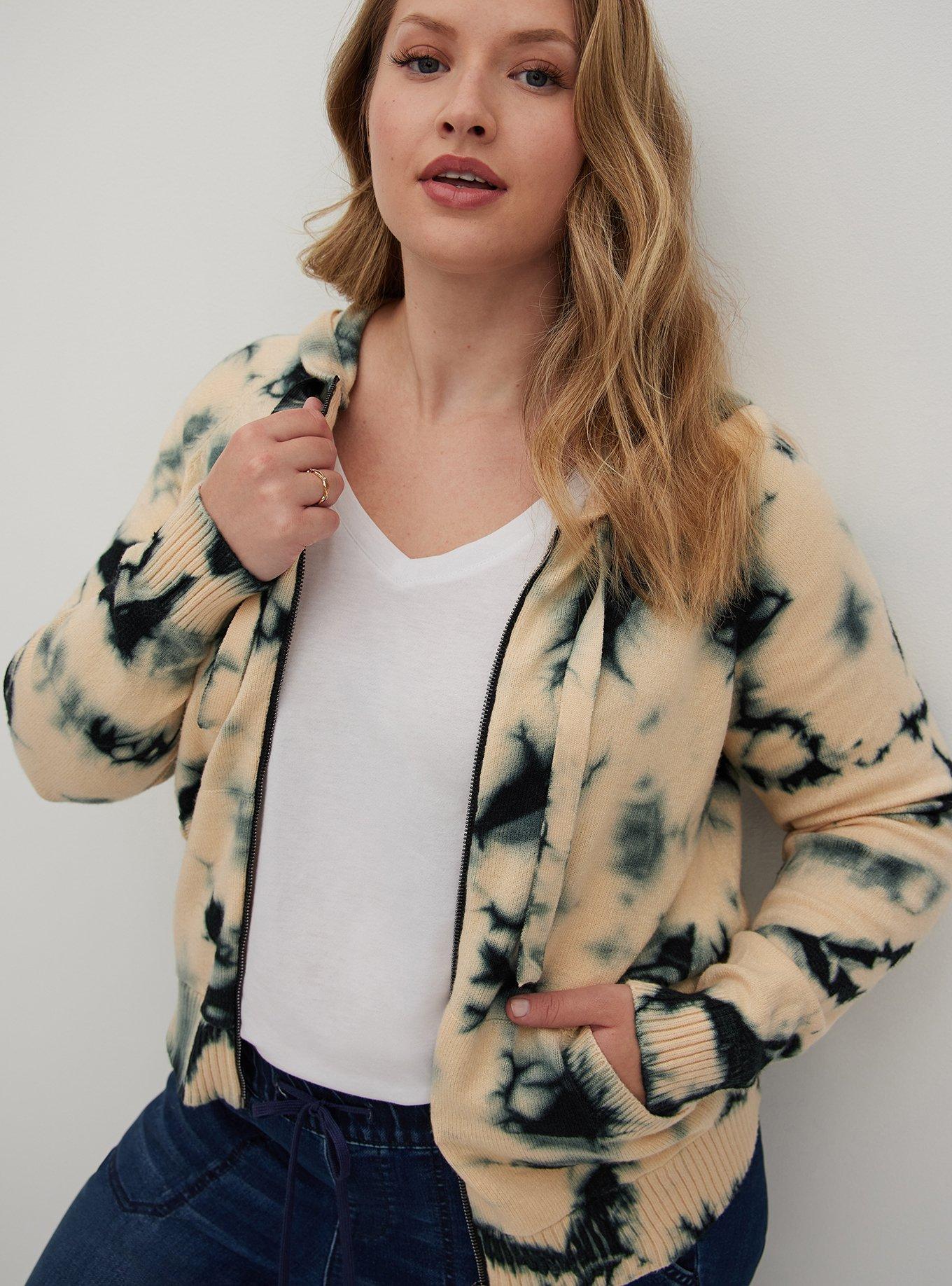 Plus Size Everyday Plush Cardigan Hooded Raglan Sweater, TIE DYE, hi-res