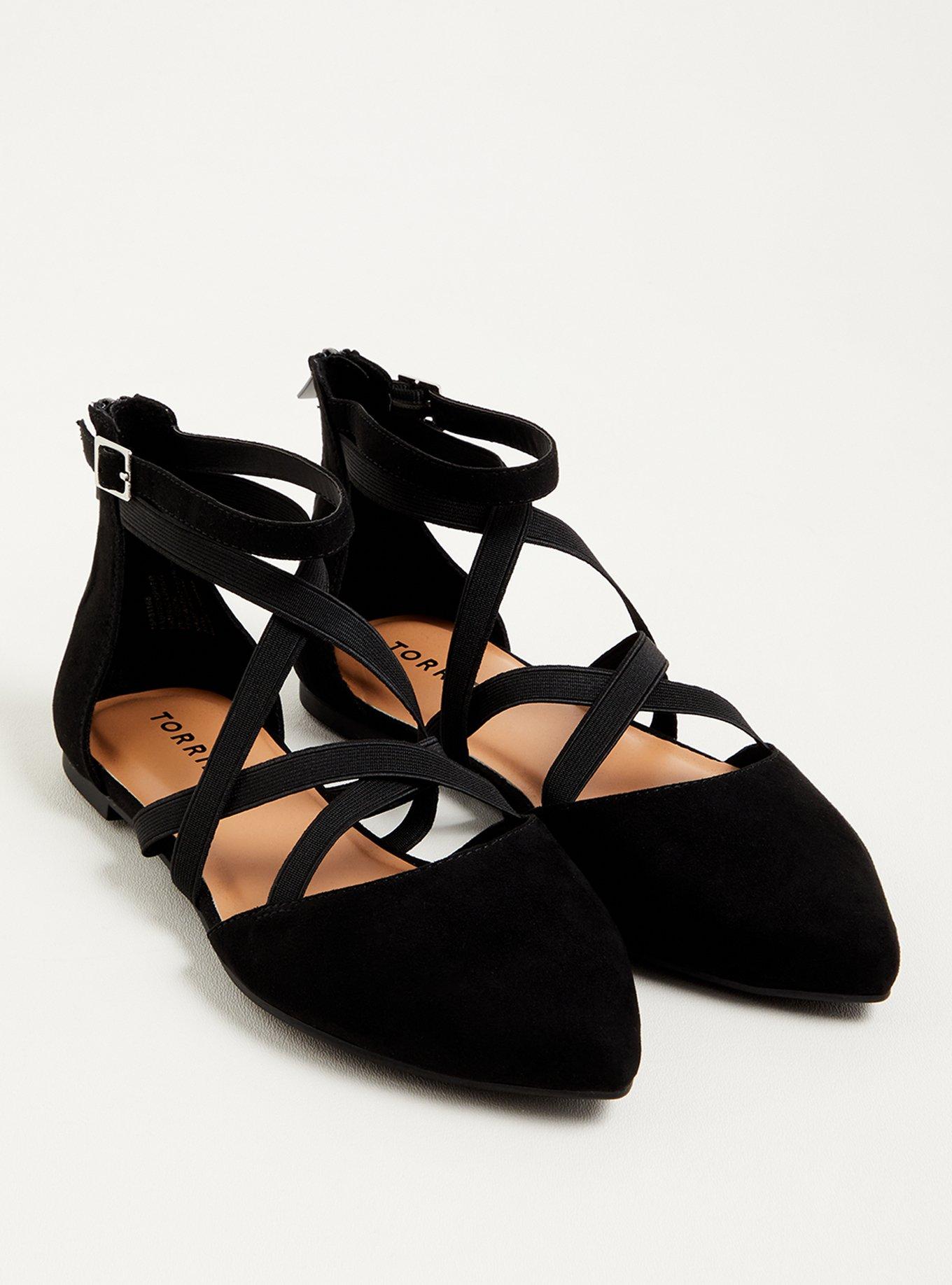 Plus Size - Black Faux Suede Elastic Crisscross Strap Flat (WW