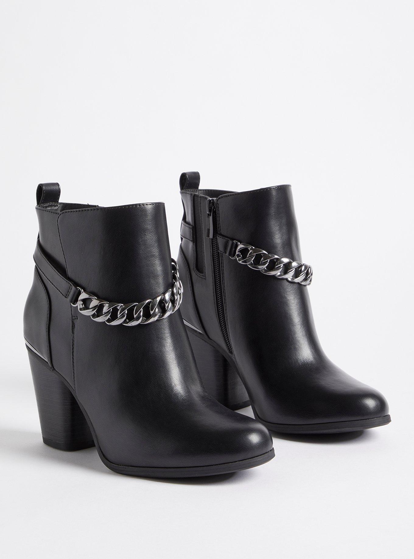 Plus Size Chain Heel Bootie - Faux Leather Black (WW), , hi-res
