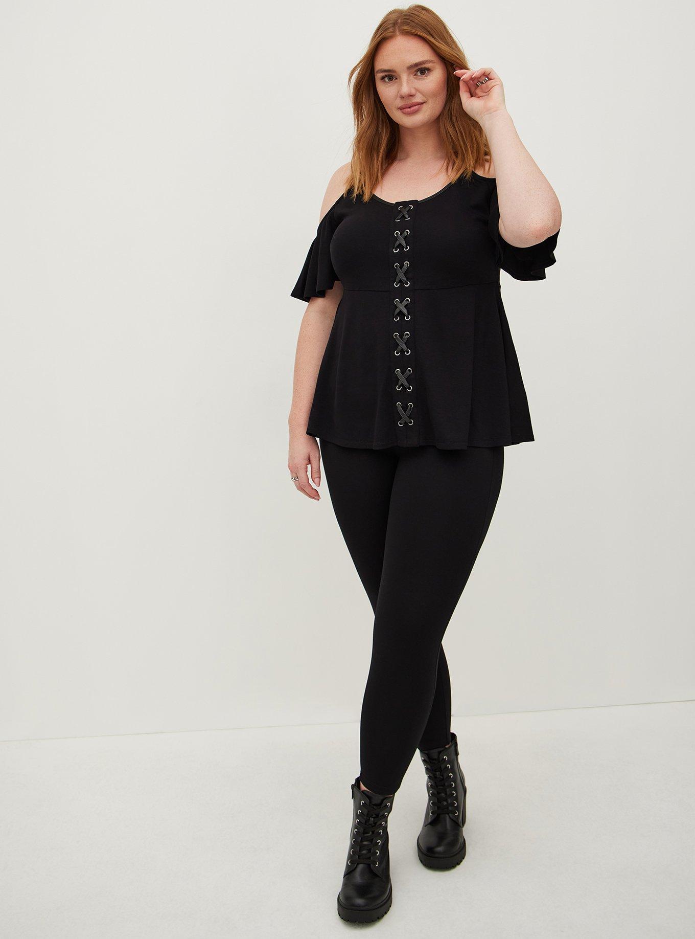 Plus Size Lace-Up Flutter Peplum Tank - Ponte & Faux Leather Black, DEEP BLACK, alternate