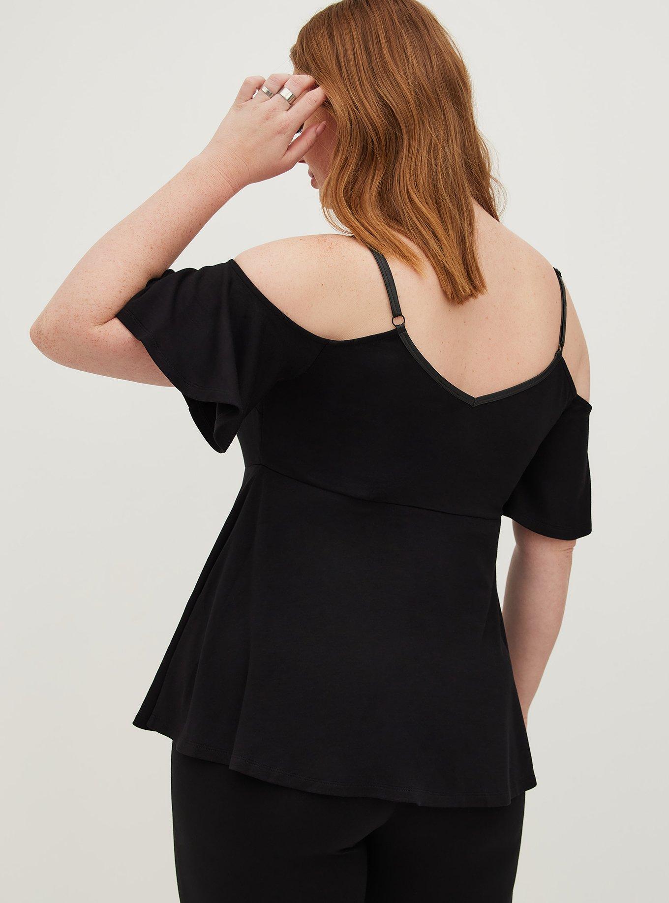 Plus Size Lace-Up Flutter Peplum Tank - Ponte & Faux Leather Black, DEEP BLACK, alternate