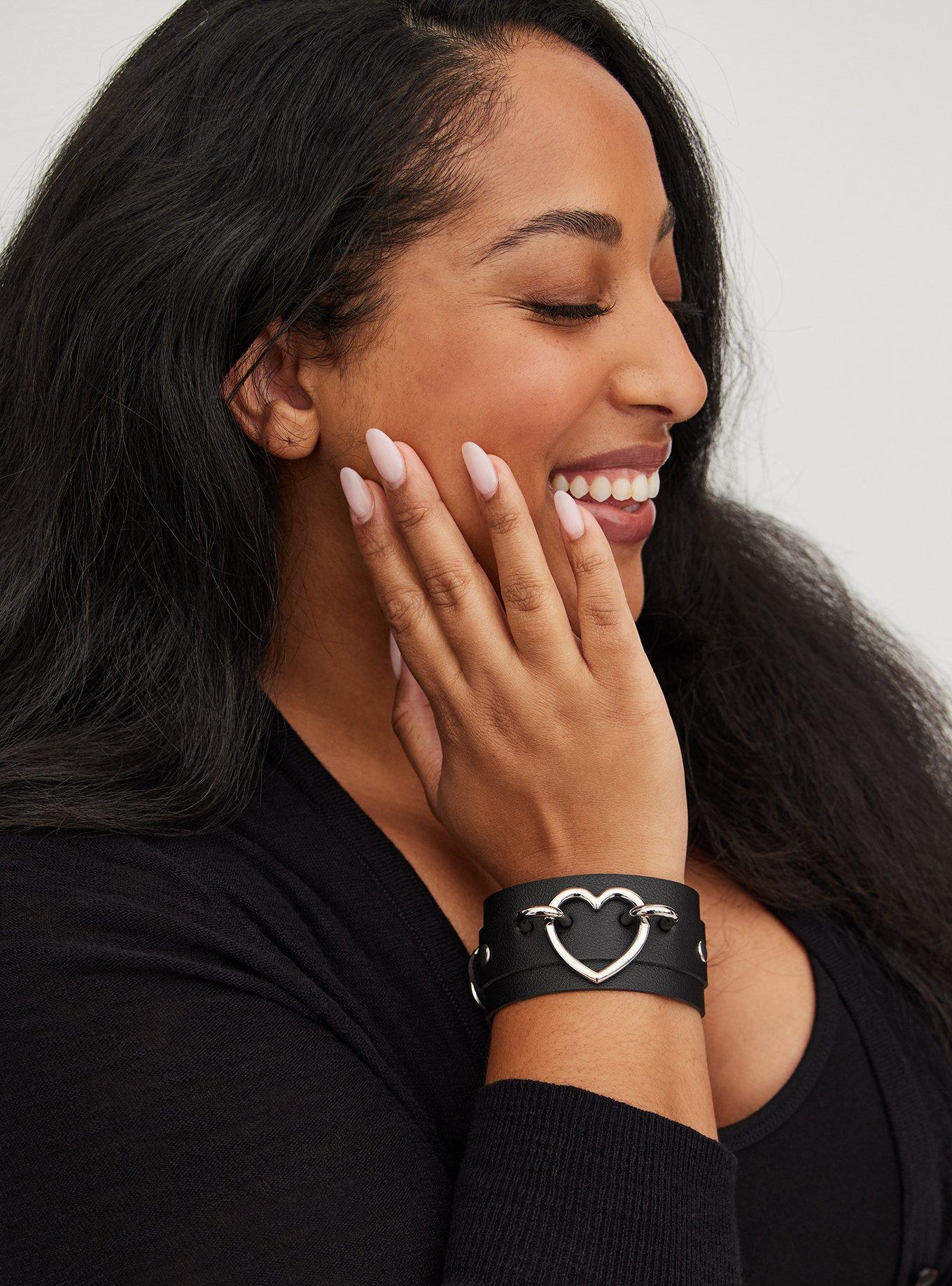 Heart Buckle Bracelet - Black Faux Leather , BLACK, hi-res