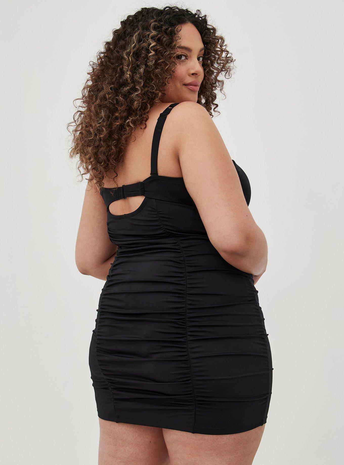 Underwire Ruched Retro Mid-Length Swim Dress - Black, DEEP BLACK, alternate