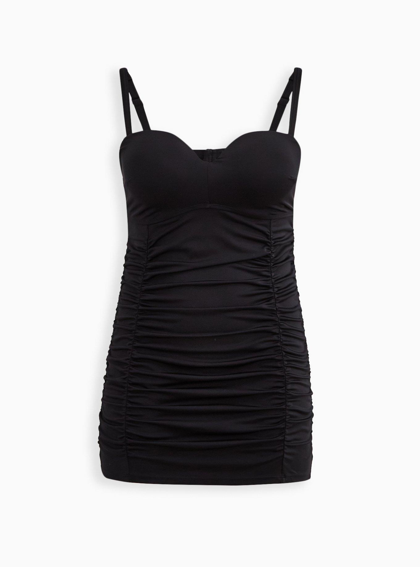 Underwire Ruched Retro Mid-Length Swim Dress - Black, DEEP BLACK, hi-res