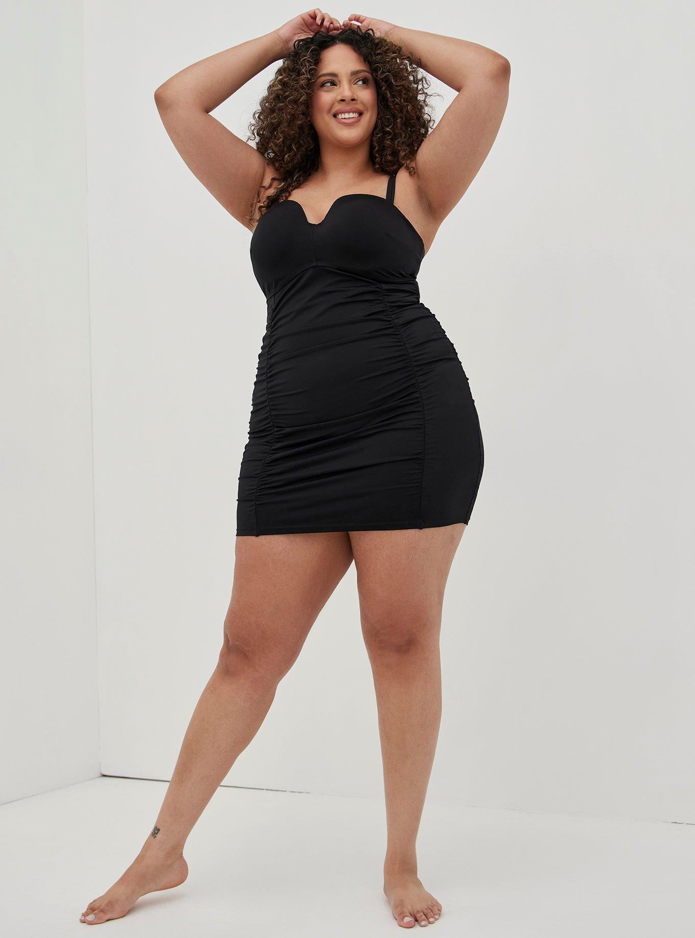 Underwire Ruched Retro Mid-Length Swim Dress - Black, DEEP BLACK, hi-res