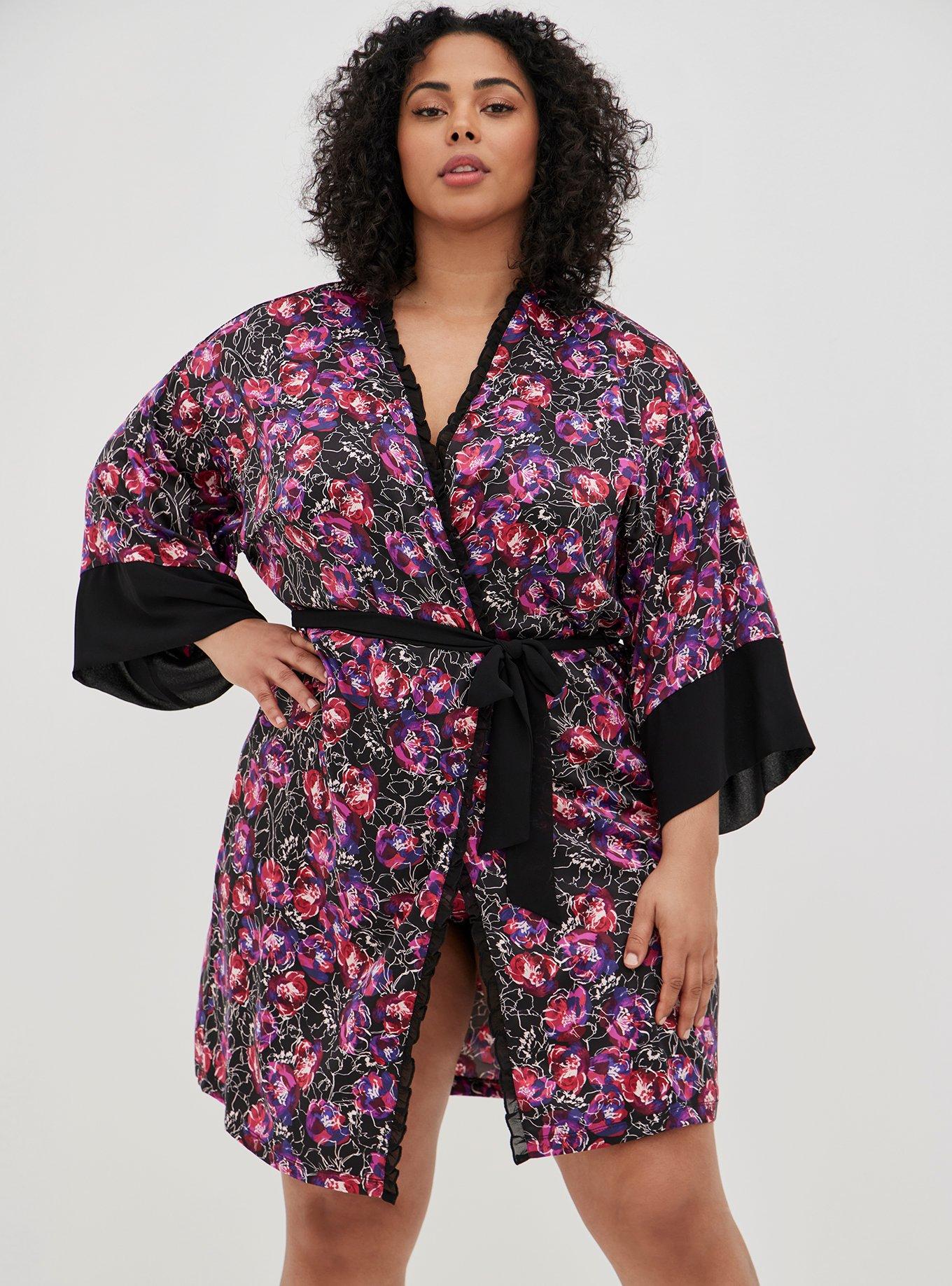 Plus Size - Kimono Sleeve Midi Robe - Satin Floral Black - Torrid