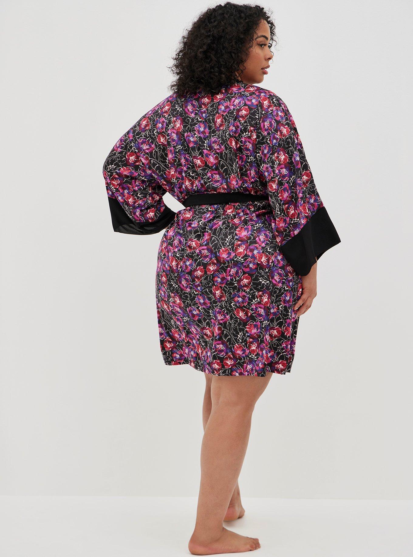 Kimono Sleeve Midi Robe - Satin Floral Black, WATER OUTLINE FLORAL, alternate