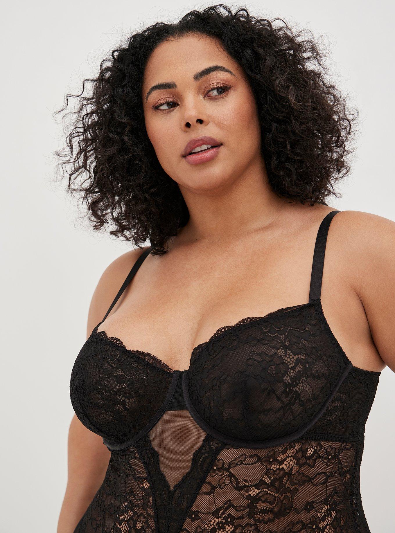 Plus Size Unlined Underwire Babydoll Bodysuit - Lace & Mesh Black, RICH BLACK, alternate