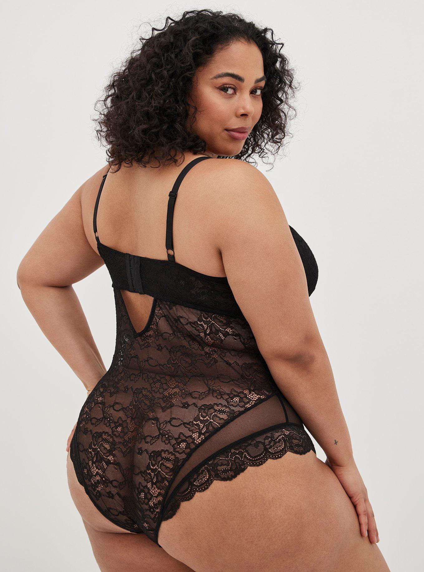Plus Size Unlined Underwire Babydoll Bodysuit - Lace & Mesh Black, RICH BLACK, alternate