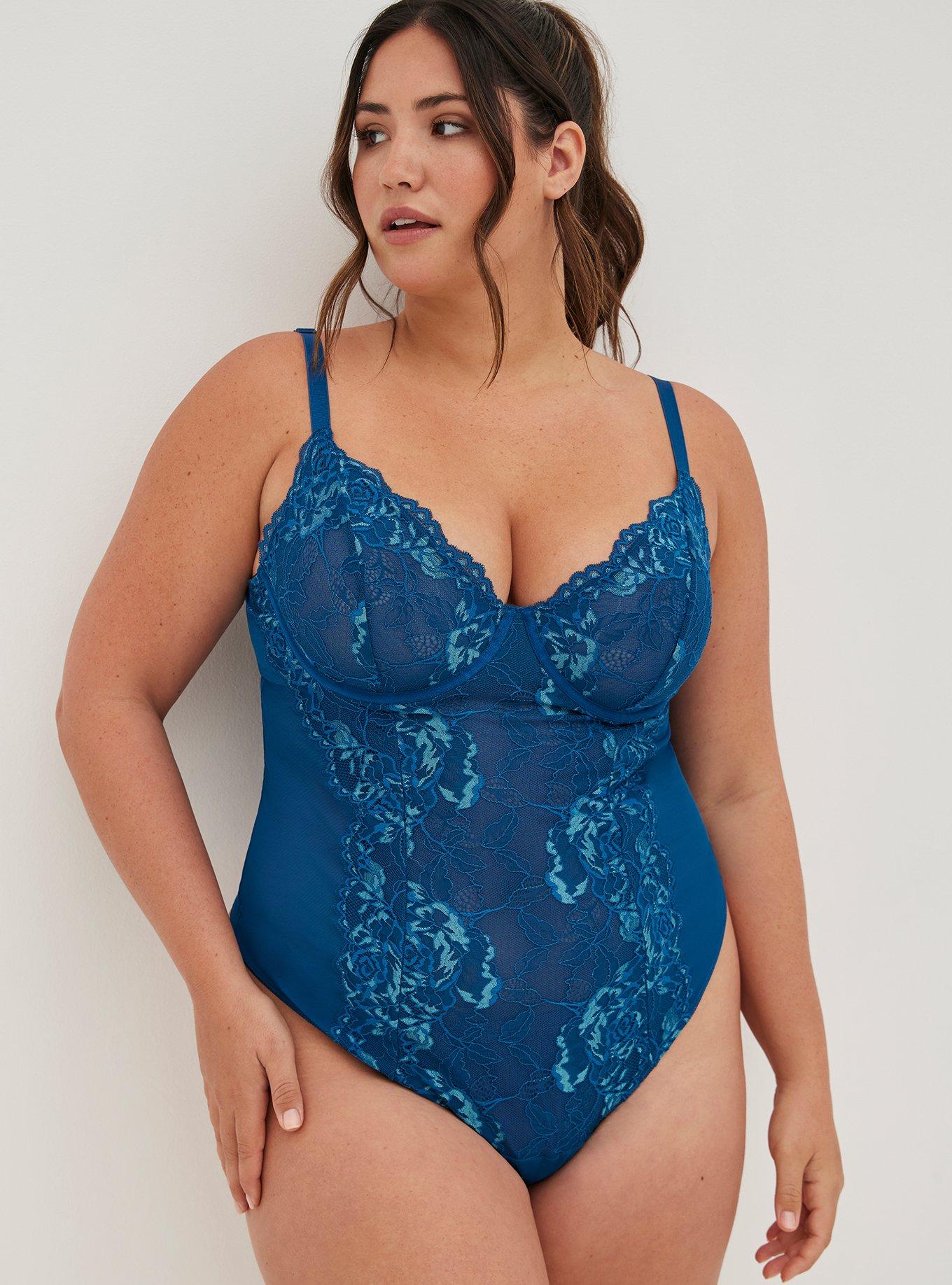 Plus Size - Unlined Underwire Thong Bodysuit - Lace Sea Blue - Torrid