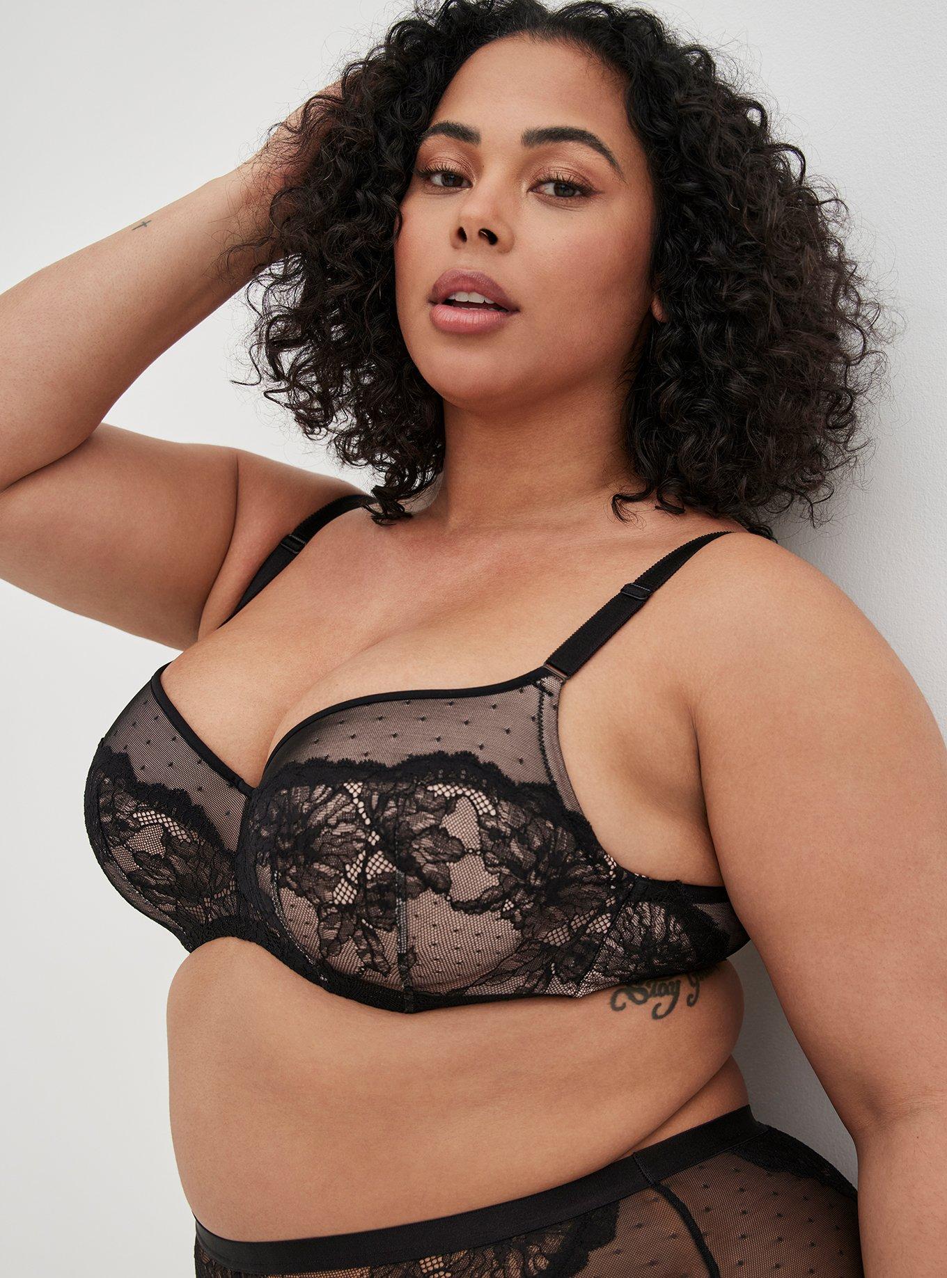 Plus Size Full-Coverage Balconette Lightly Lined Dot Lace 360&deg; Back Smoothing&trade; Bra, RICH BLACK, hi-res