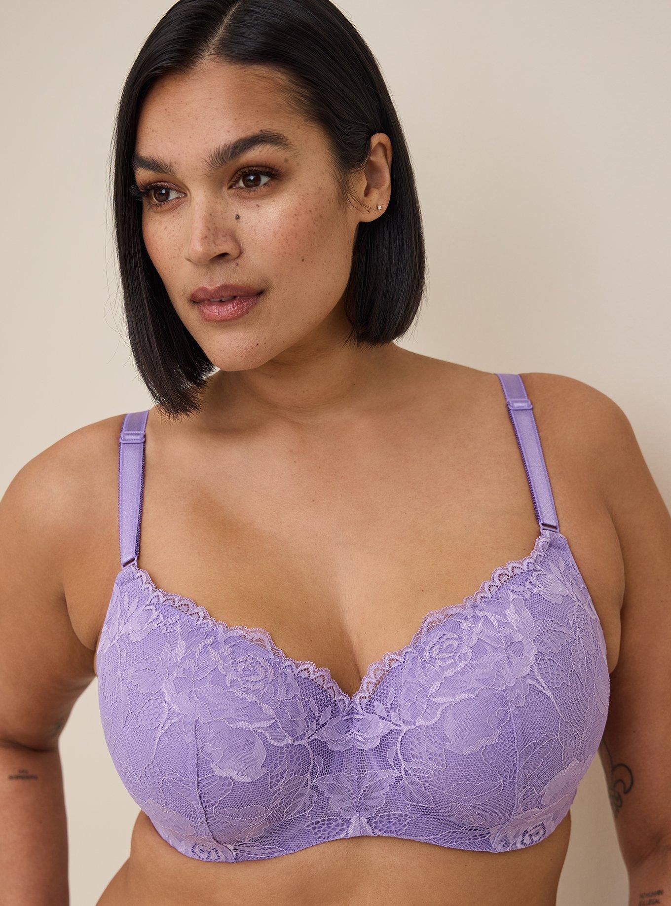 TORRID 42G LIGHTLY LINED BALCONETTE BRA - DOTTED LACE PURPLE 360° BACK S…