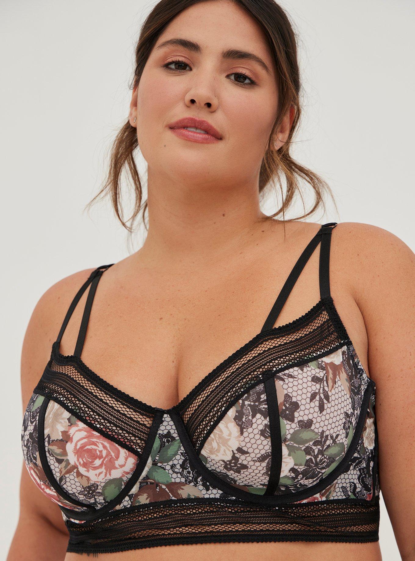 Plus Size - Beige & Black Flocked Floral Unlined Underwire Longline Bralette  - Torrid