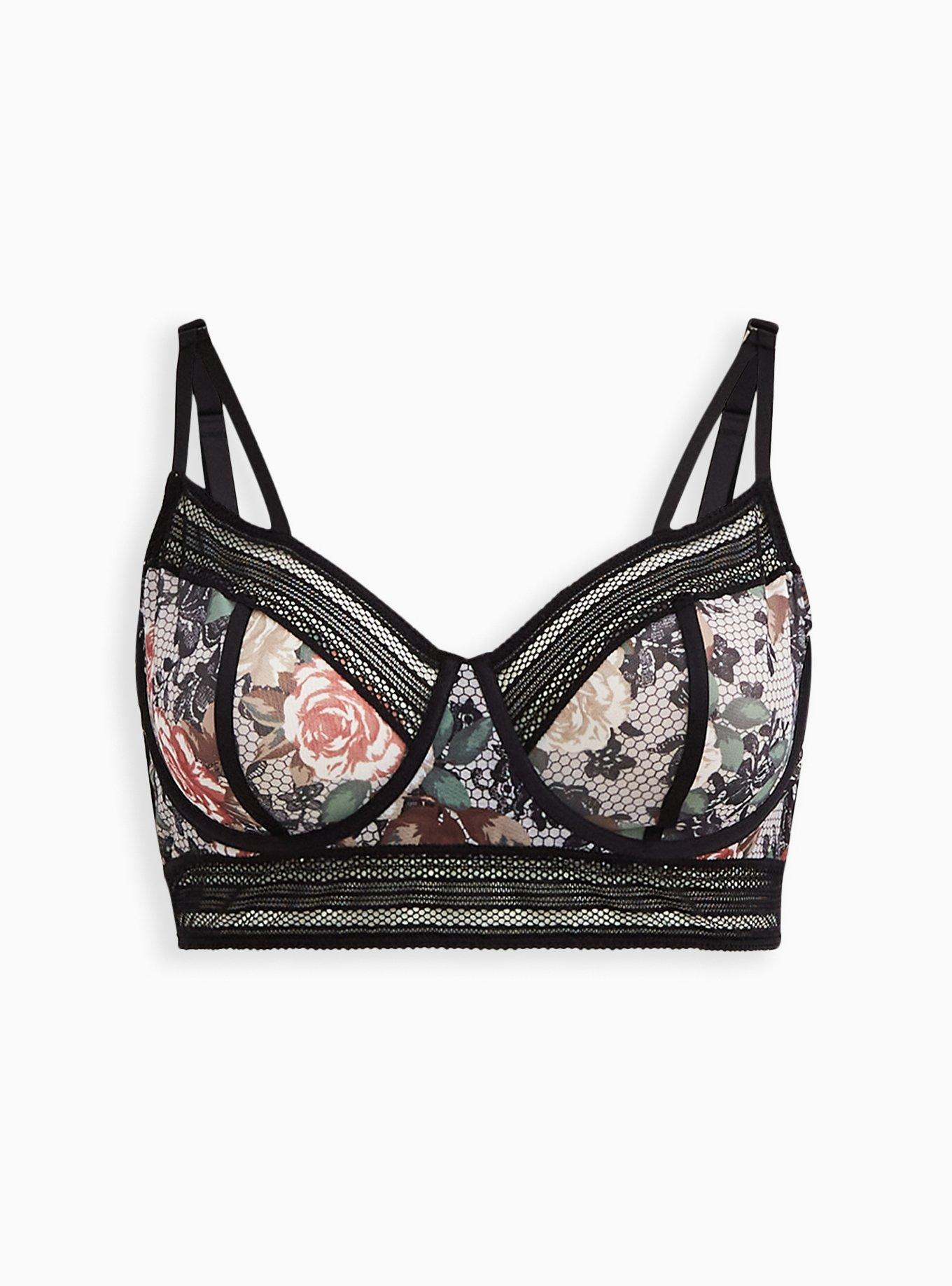 Plus Size - Beige & Black Flocked Floral Unlined Underwire Longline Bralette  - Torrid