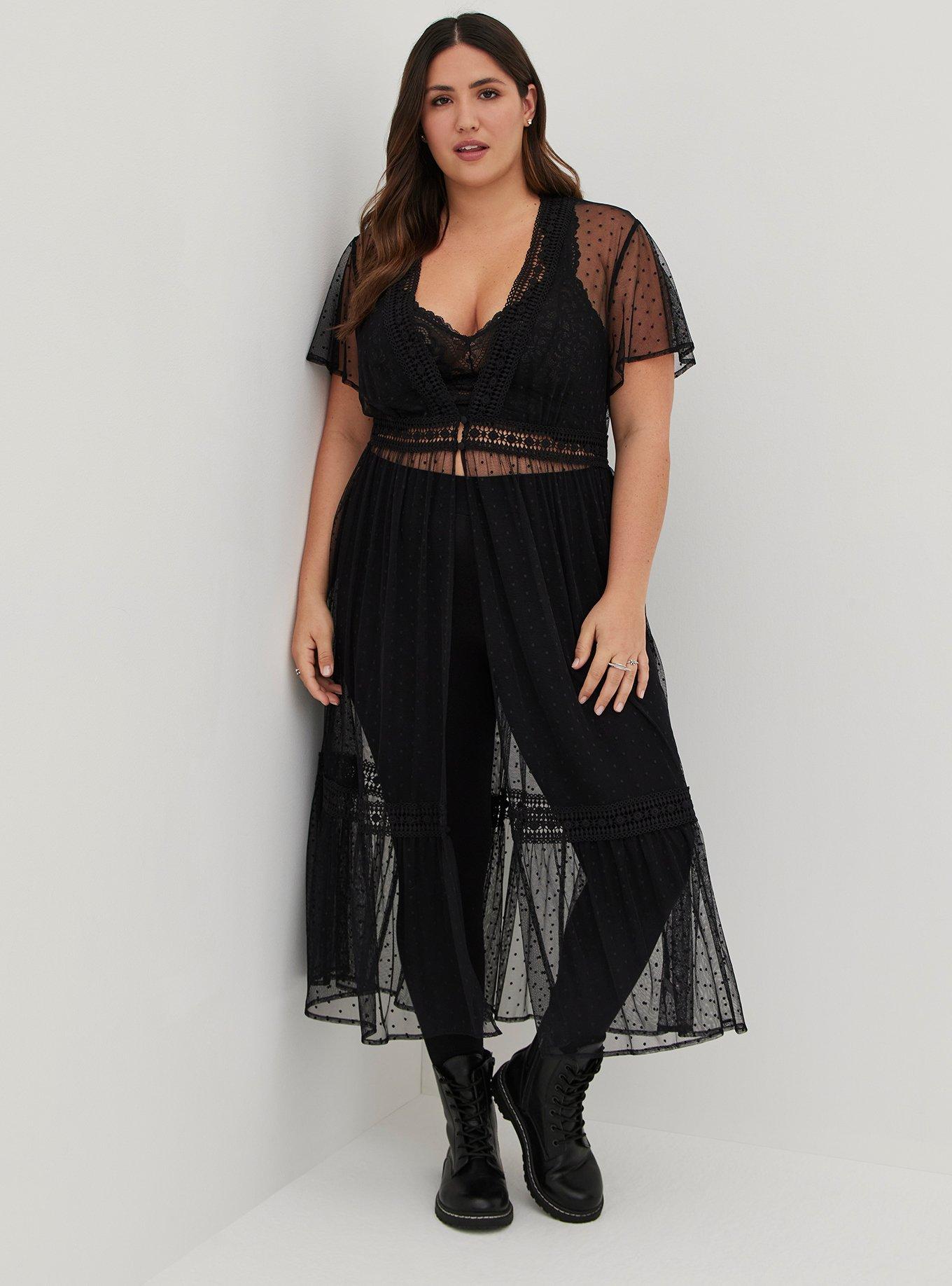 Plus Size Button Waist Maxi Kimono Mesh Dot Black Torrid