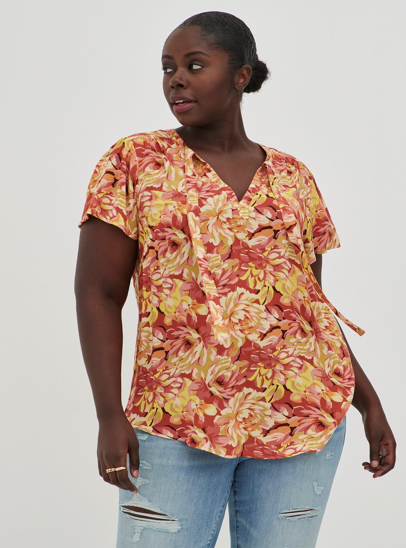 Rayon Crepe Tie Flutter Sleeve Peasant Top, FLORAL ORANGE, alternate