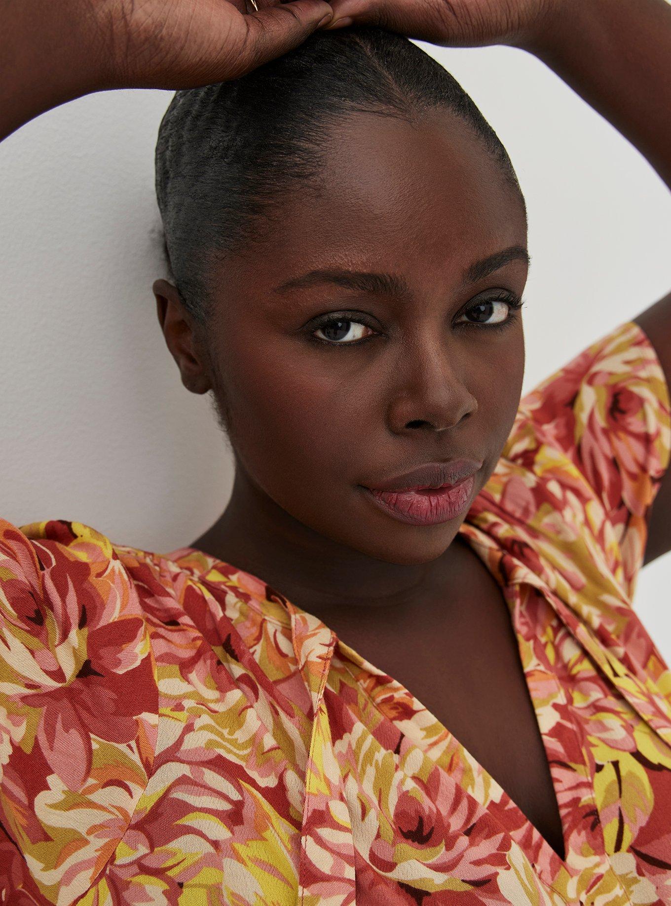 Rayon Crepe Tie Flutter Sleeve Peasant Top, FLORAL ORANGE, alternate