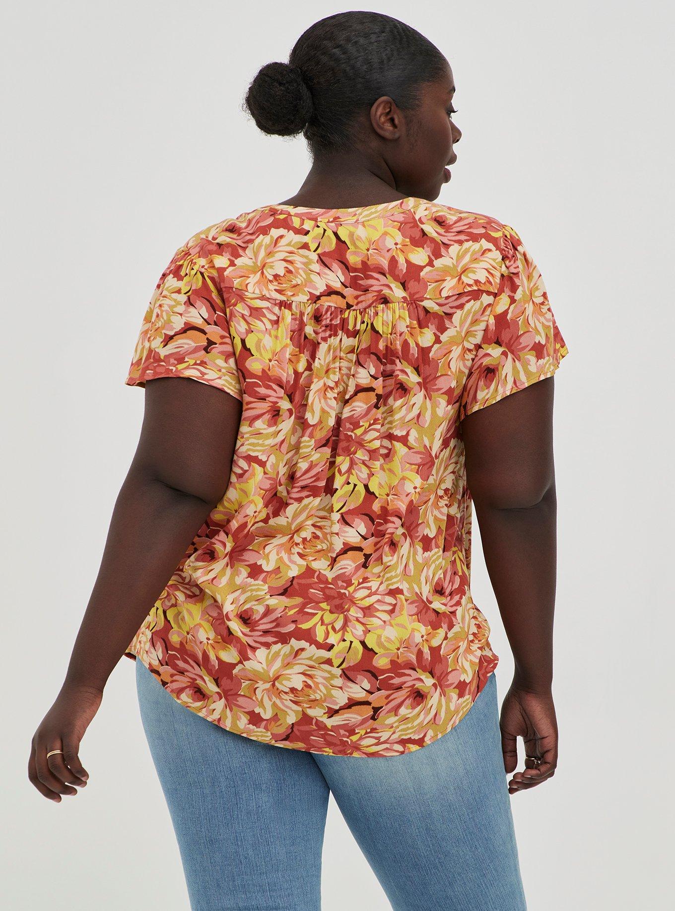 Rayon Crepe Tie Flutter Sleeve Peasant Top, FLORAL ORANGE, alternate