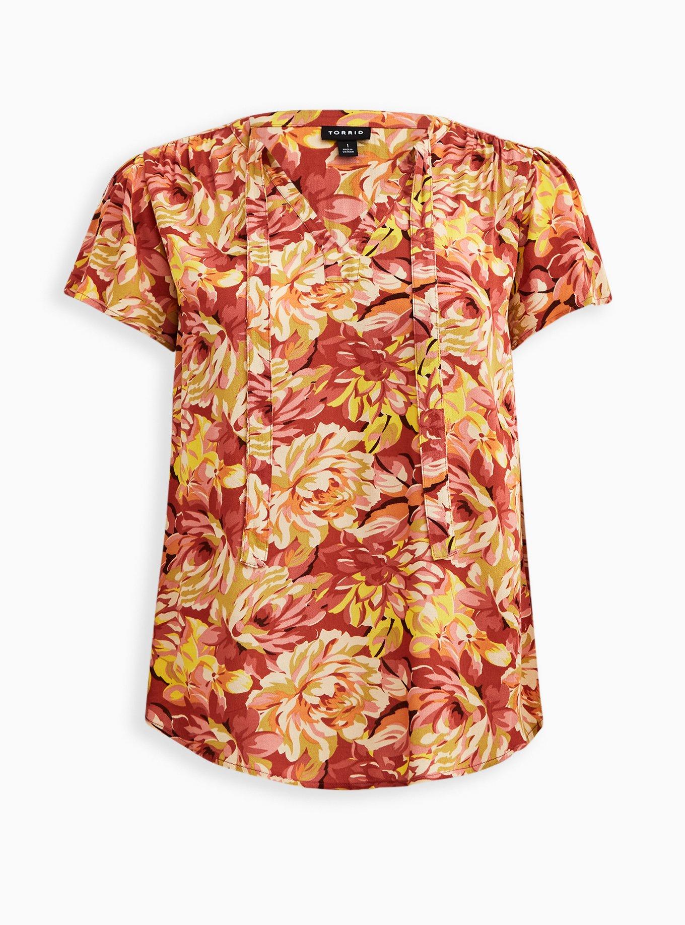 Rayon Crepe Tie Flutter Sleeve Peasant Top, FLORAL ORANGE, hi-res