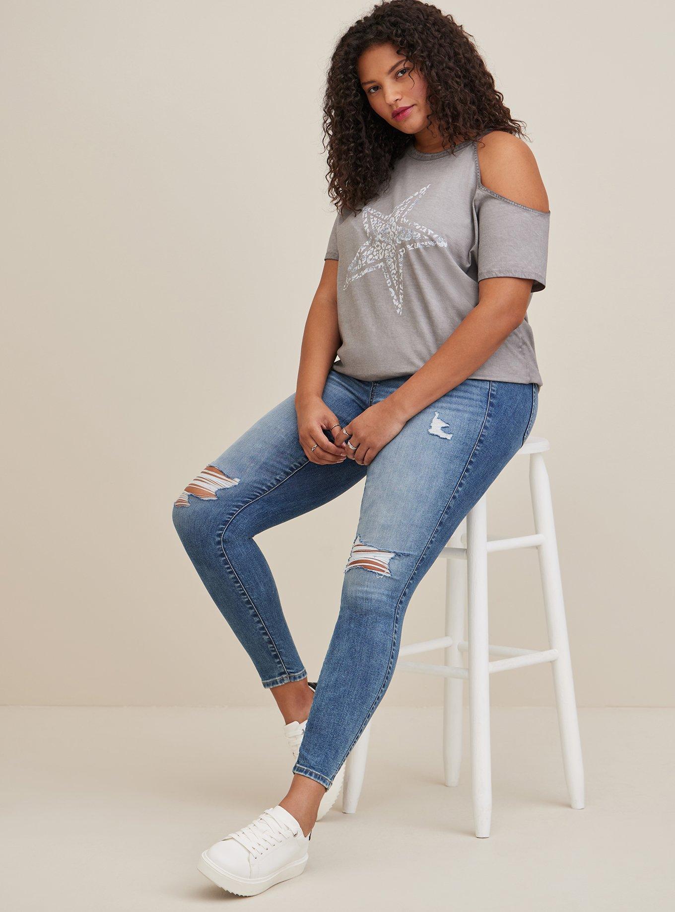 Graphic Classic Fit Cotton Cold Shoulder Top, GREY WASH STAR, alternate