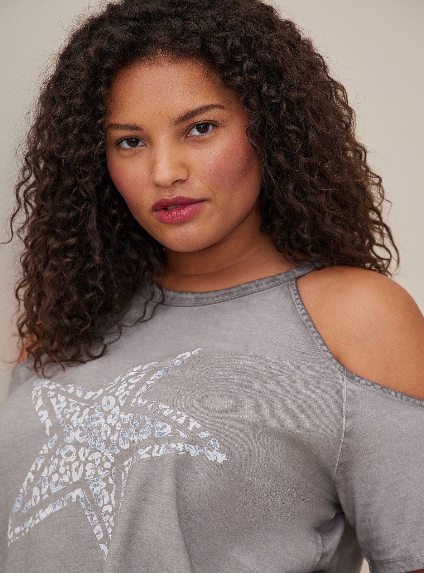 Graphic Classic Fit Cotton Cold Shoulder Top, GREY WASH STAR, alternate
