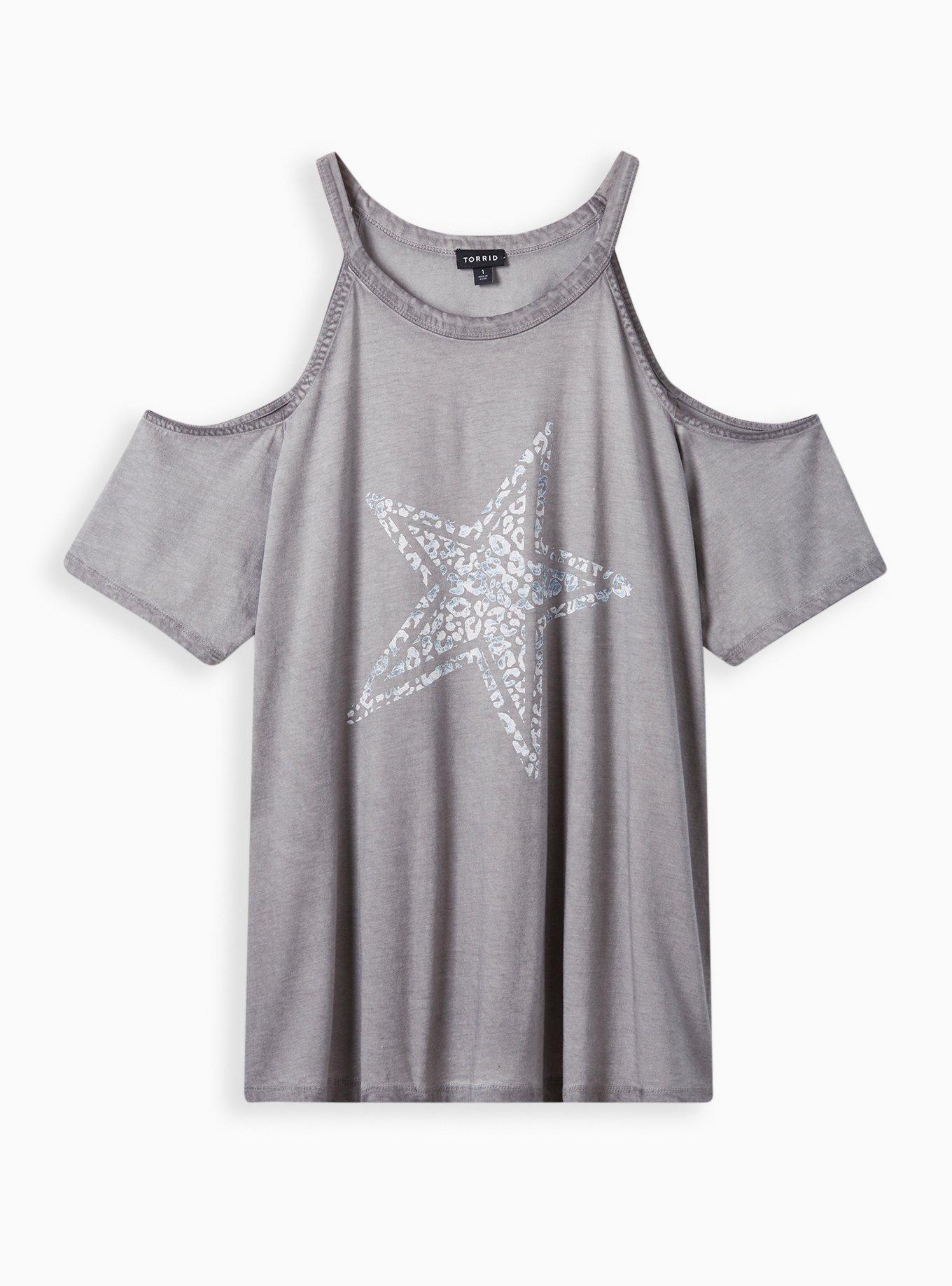 Graphic Classic Fit Cotton Cold Shoulder Top, GREY WASH STAR, hi-res