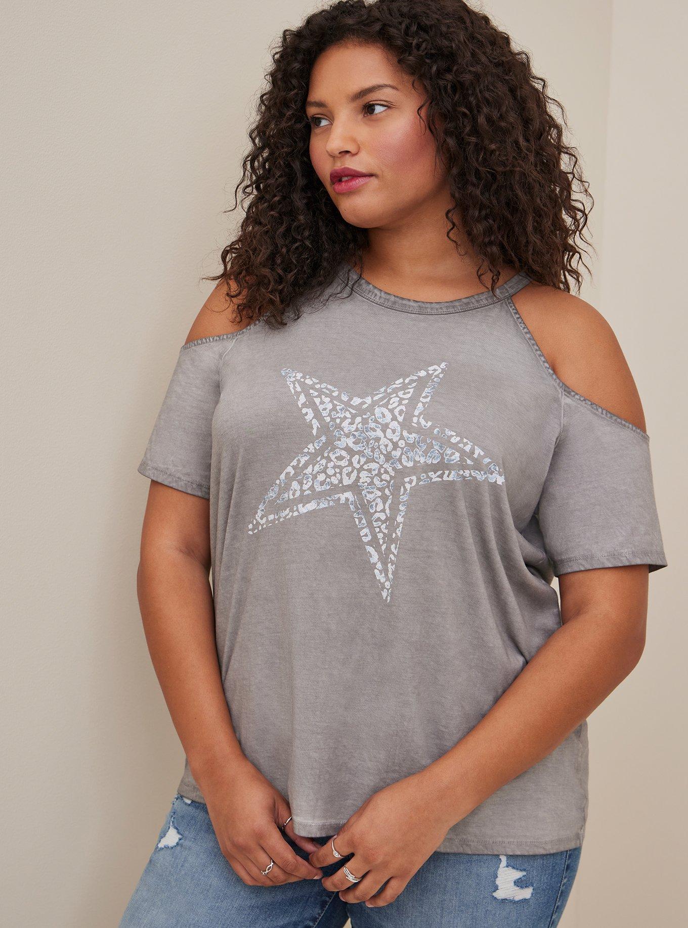 Graphic Classic Fit Cotton Cold Shoulder Top, GREY WASH STAR, hi-res