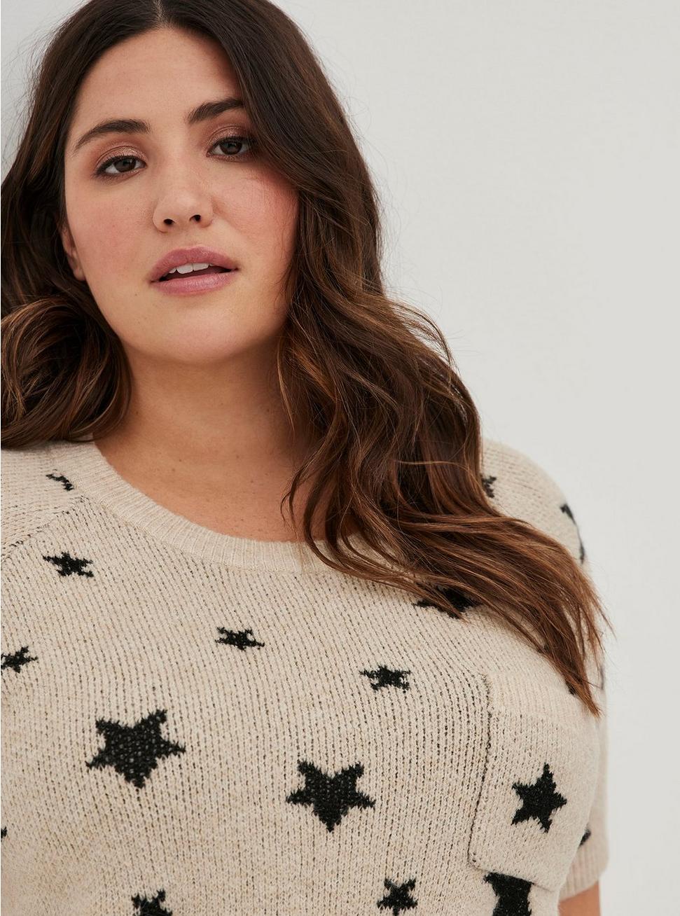 Vegan Cashmere Pullover Short Sleeve Raglan Sweater, STAR PRINT, alternate