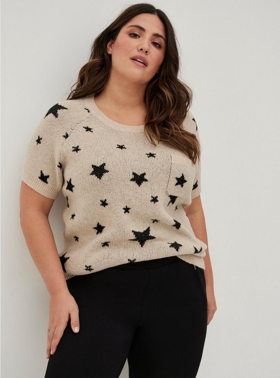 Vegan Cashmere Pullover Short Sleeve Raglan Sweater, STAR PRINT, hi-res