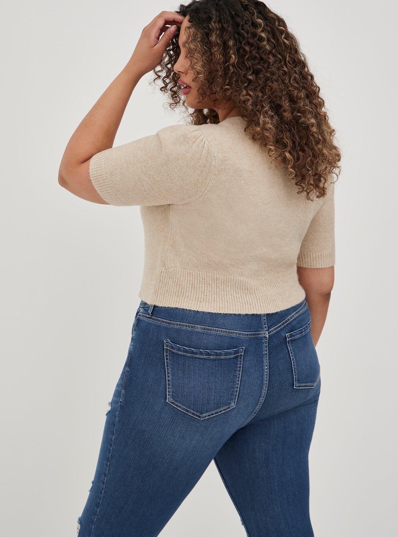 Vegan Cashmere Cardigan Button-Front Cropped Sweater, TAUPE, alternate