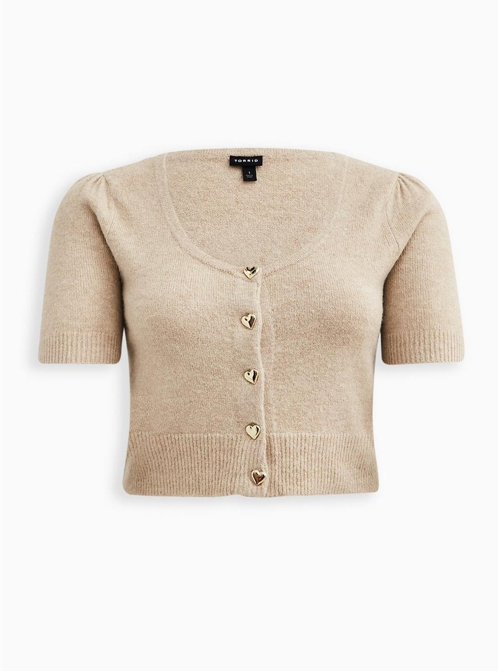 Vegan Cashmere Cardigan Button-Front Cropped Sweater, TAUPE, hi-res