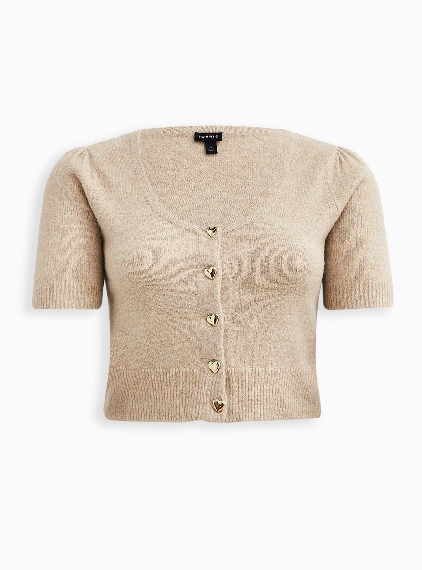 Vegan Cashmere Cardigan Button-Front Cropped Sweater, TAUPE, hi-res