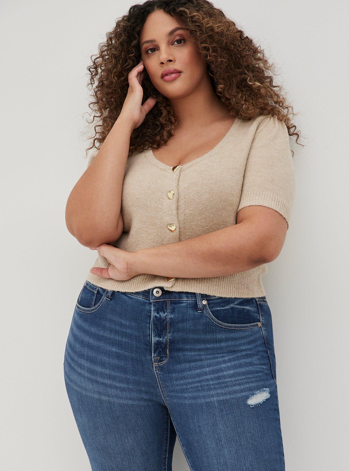 Vegan Cashmere Cardigan Button-Front Cropped Sweater, TAUPE, hi-res