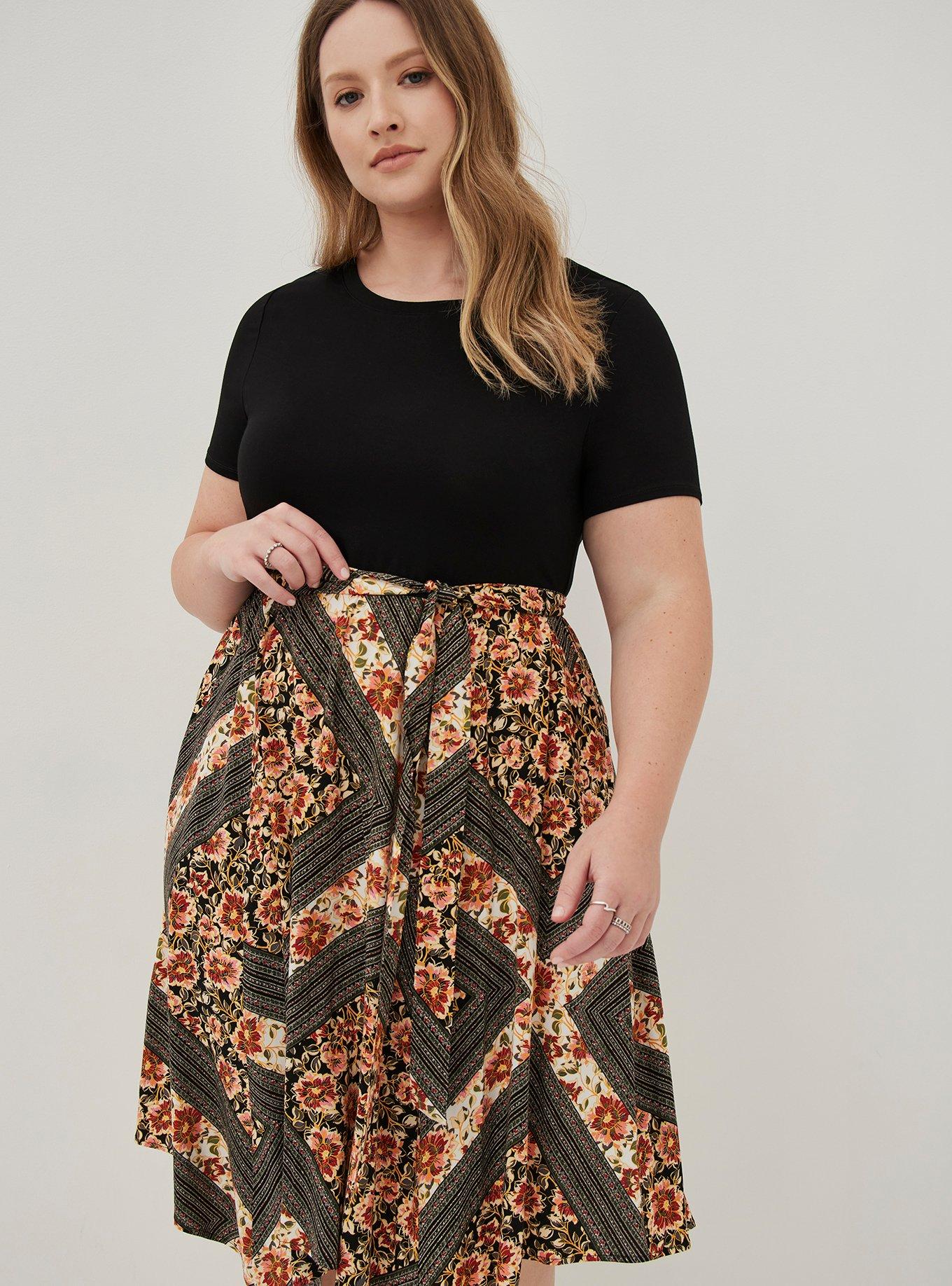 Plus Size Super Soft And Stretch Challis Hanky Hem Midi Dress, SCARF BLACK, alternate