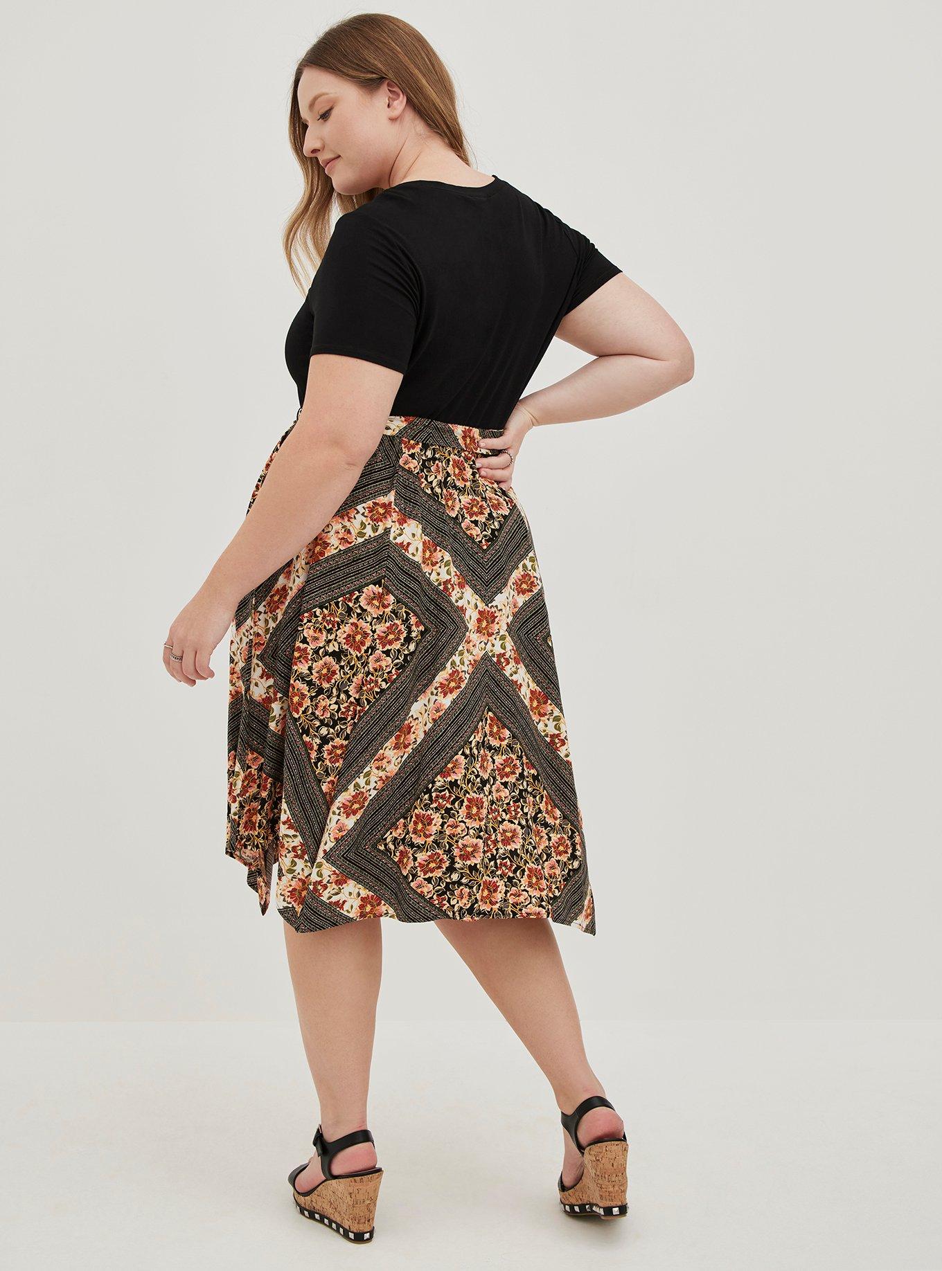 Plus Size Super Soft And Stretch Challis Hanky Hem Midi Dress, SCARF BLACK, alternate