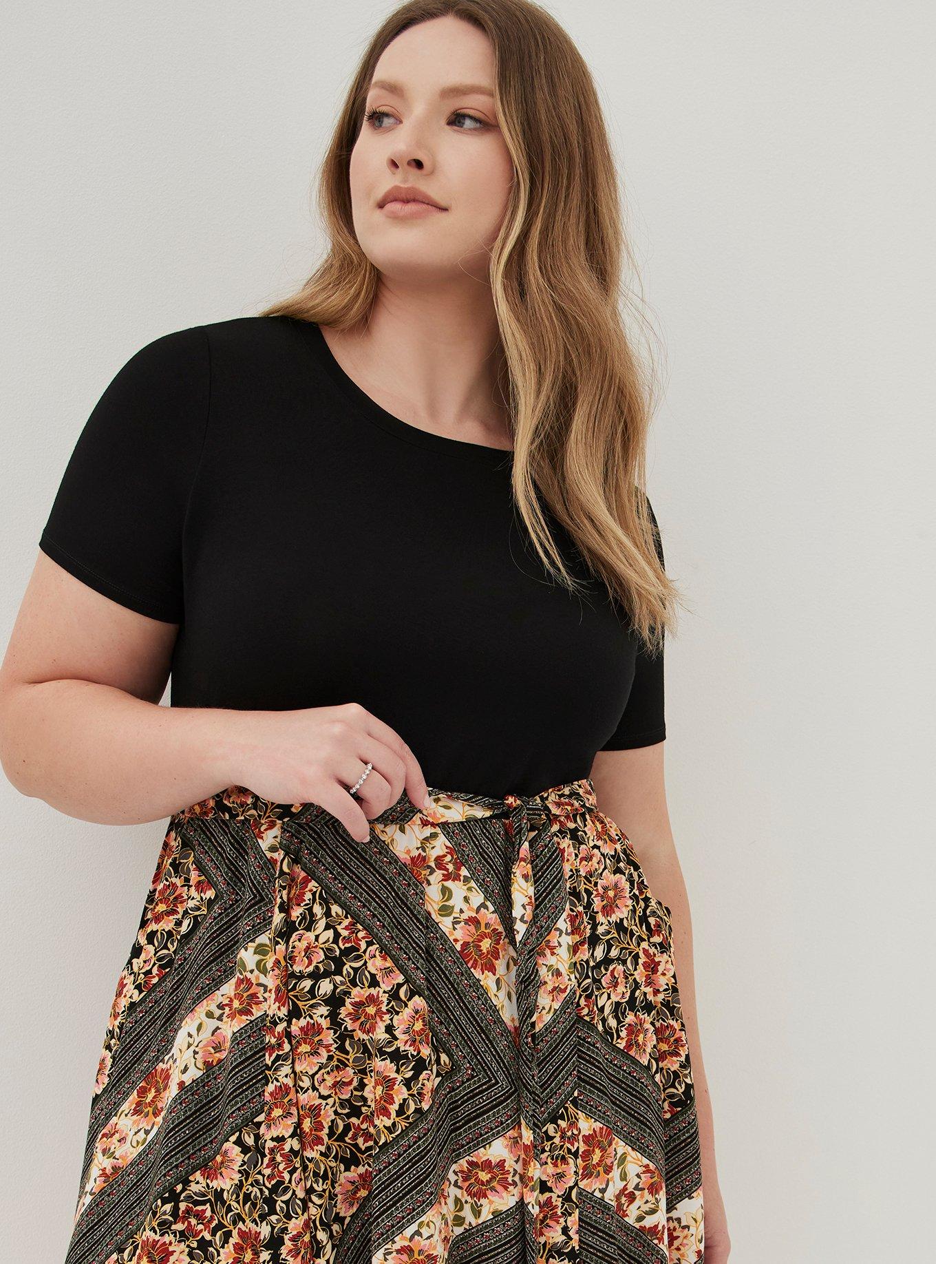 Plus Size Super Soft And Stretch Challis Hanky Hem Midi Dress, SCARF BLACK, alternate