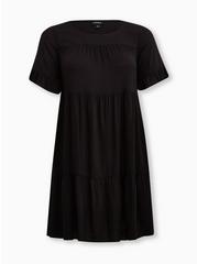 Mini Textured Rayon Tiered Dress, DEEP BLACK, hi-res