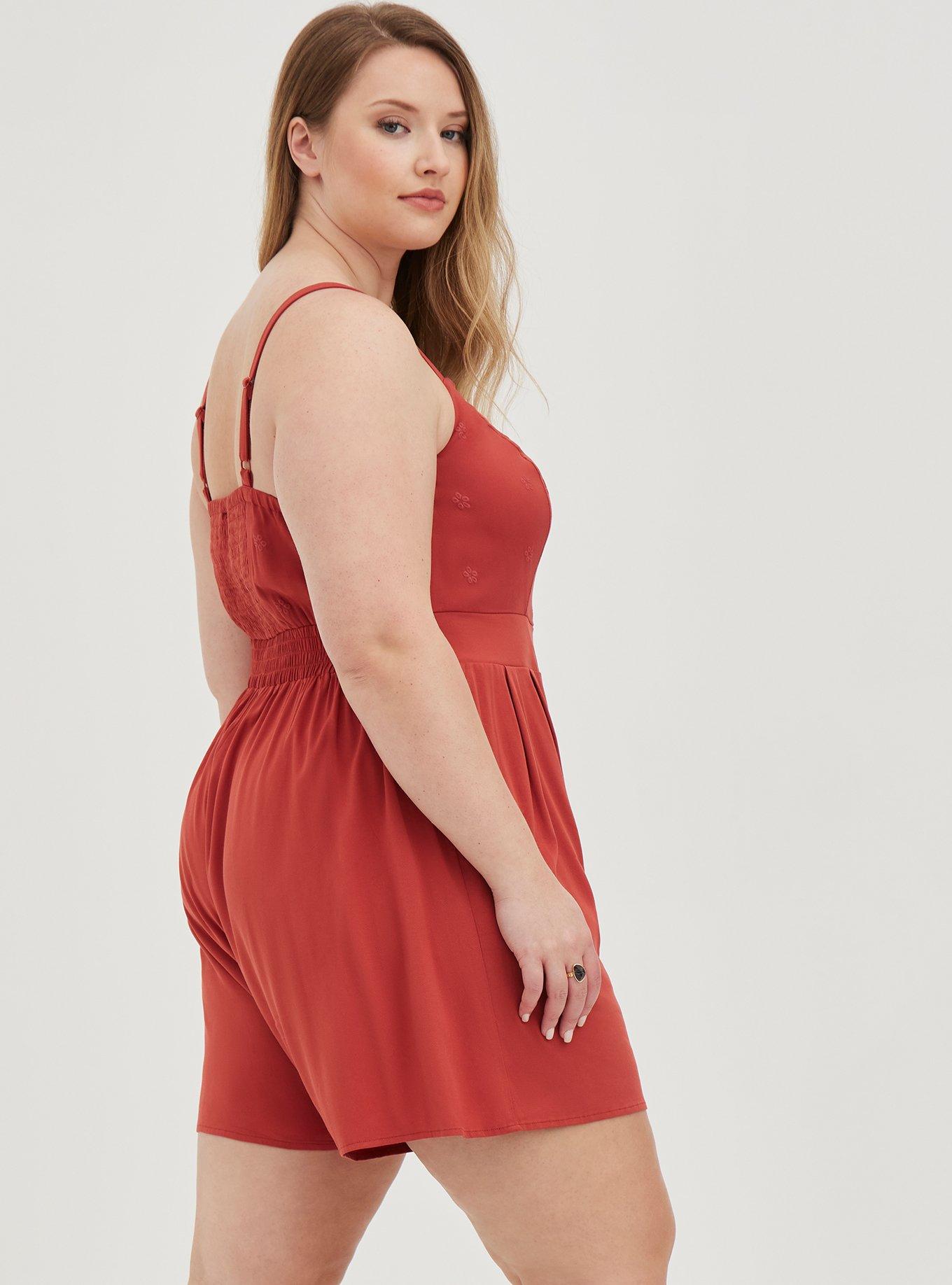 Plus Size V-Neck Romper - Eyelet Stretch Challis Rust, TANDOORI SPICE, alternate