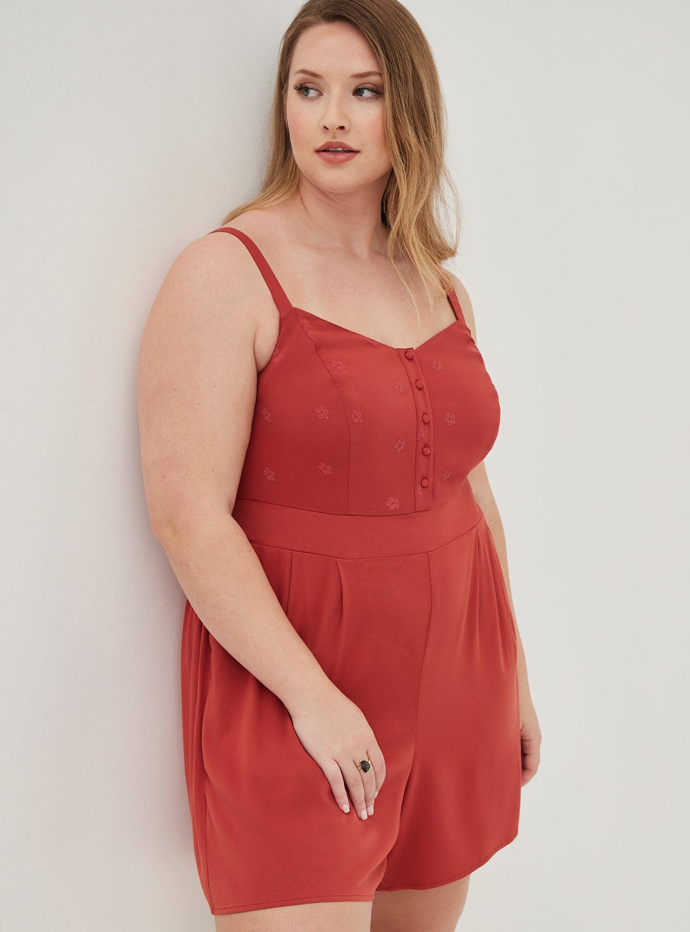 Plus Size V-Neck Romper - Eyelet Stretch Challis Rust, TANDOORI SPICE, alternate