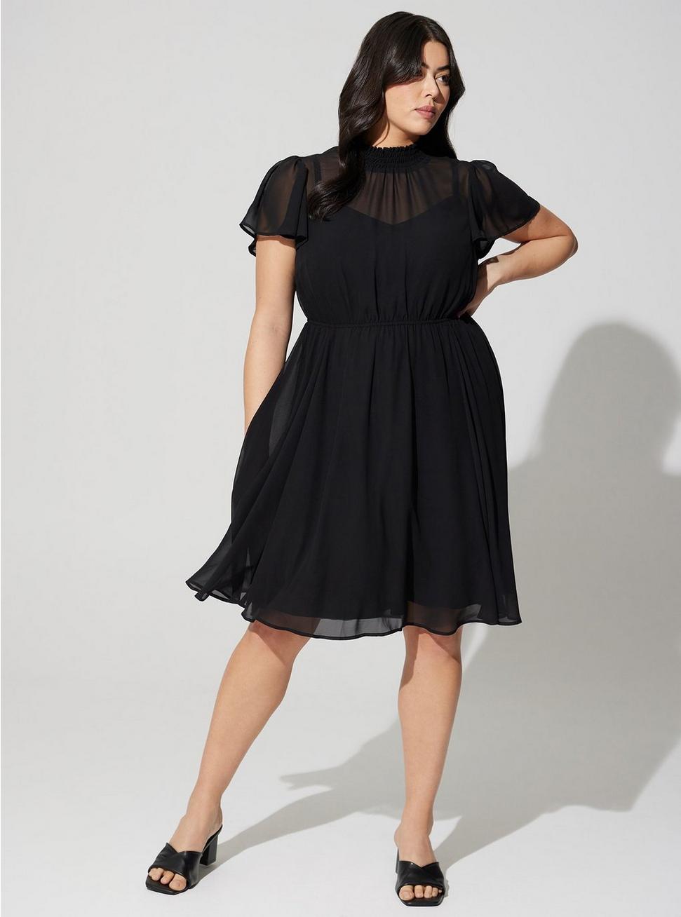 Mini Chiffon Smocked Dress, DEEP BLACK, hi-res